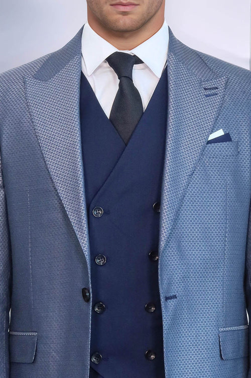 Navy Blue Self-Patterned Vested Suit | Wessi