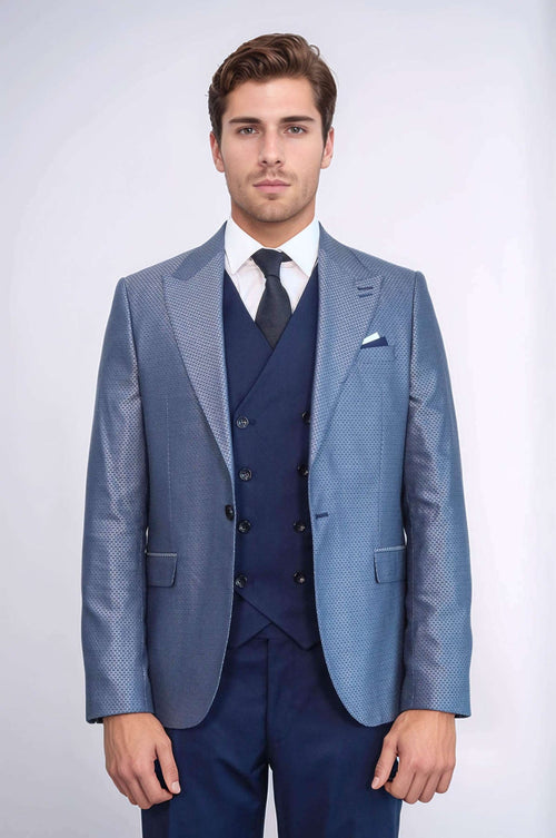 Navy Blue Self-Patterned Vested Suit | Wessi
