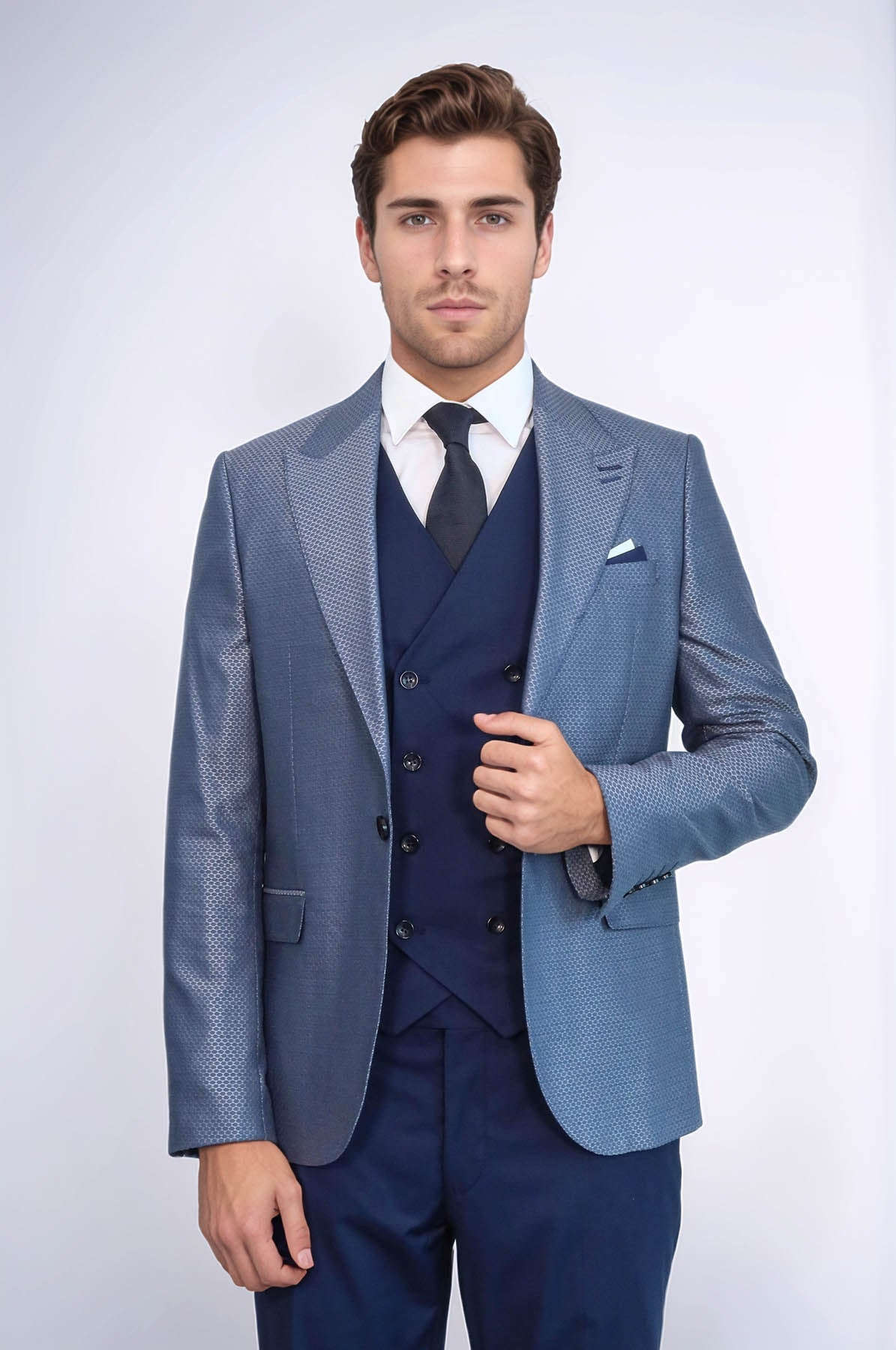 Navy Blue Self-Patterned Vested Suit | Wessi