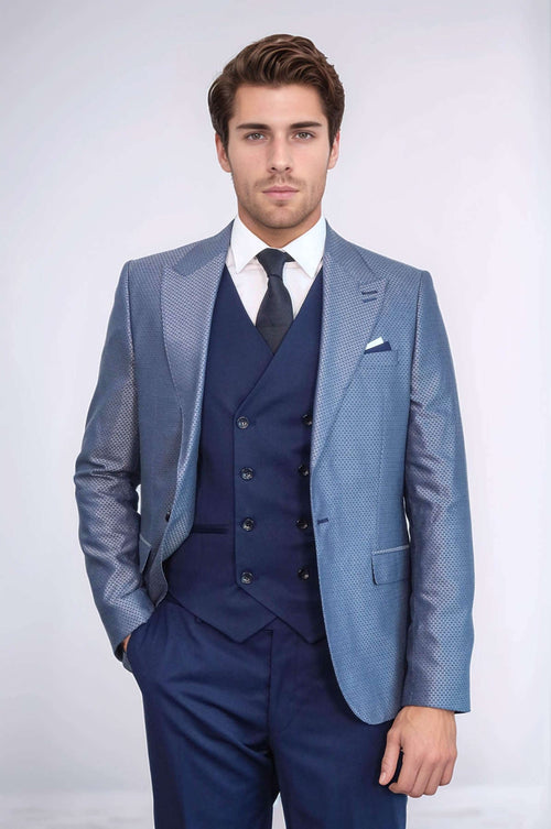 Navy Blue Self-Patterned Vested Suit | Wessi