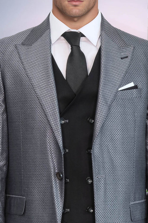 Grey Jacket Combined Black Suit - Wessi