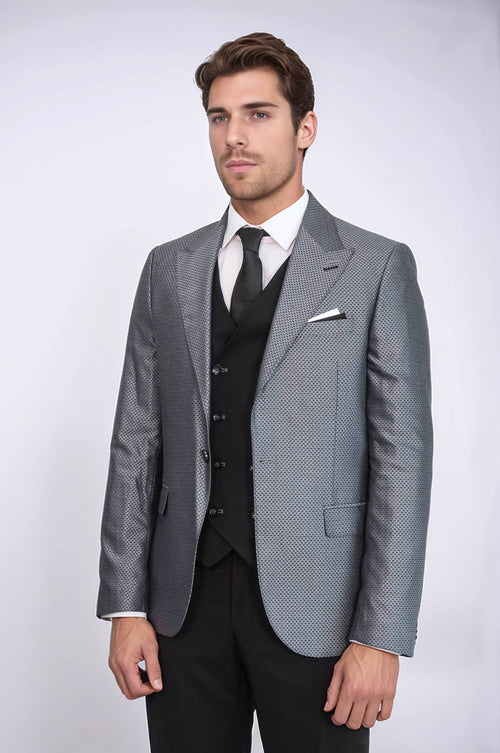 Grey Jacket Combined Black Suit - Wessi