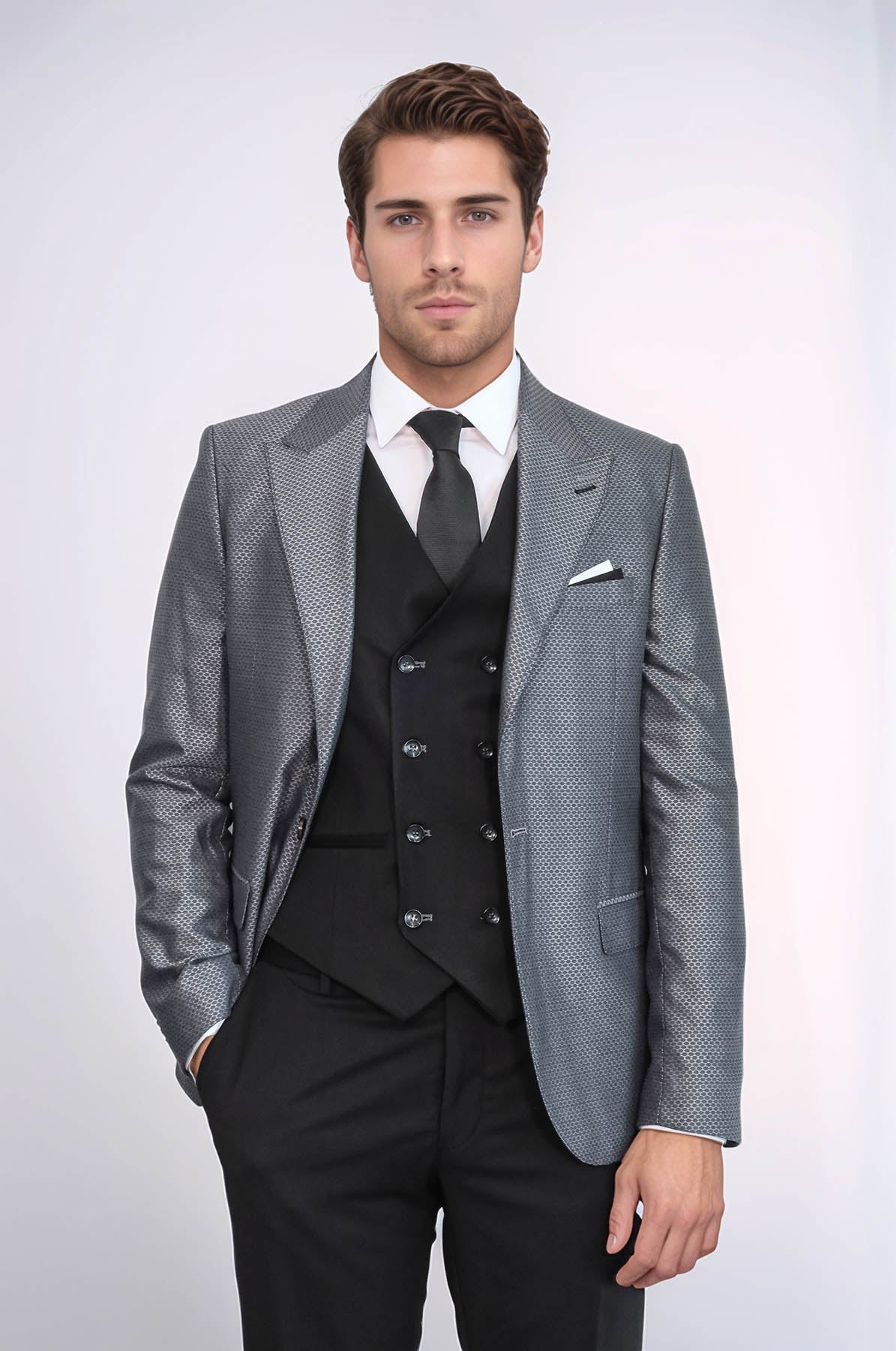 Grey Jacket Combined Black Suit - Wessi