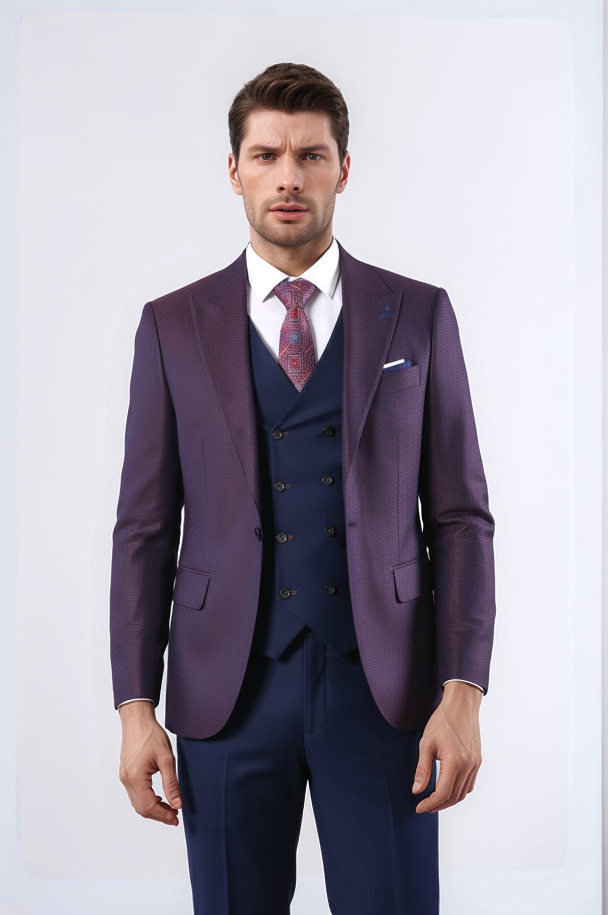 Burgundy Jacket Combined Navy Blue Suit - Wessi