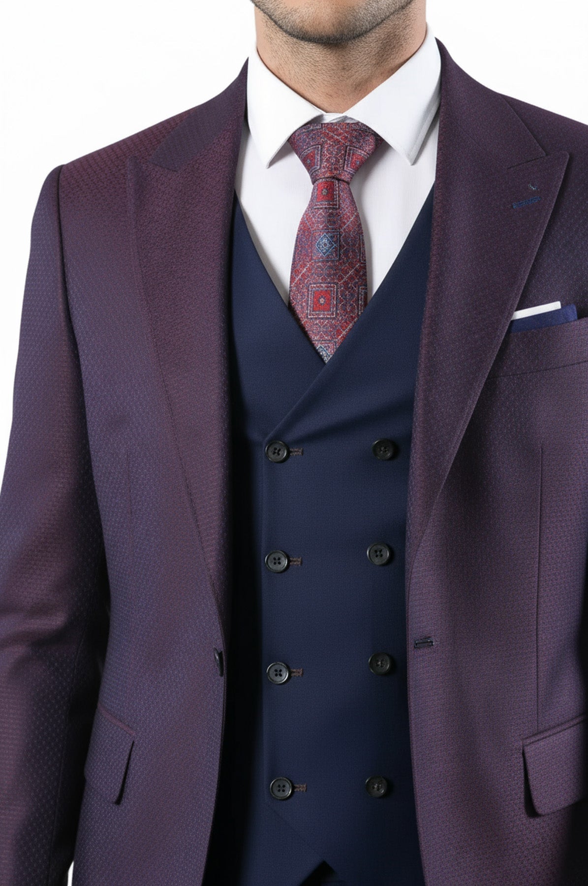 Burgundy Jacket Combined Navy Blue Suit - Wessi
