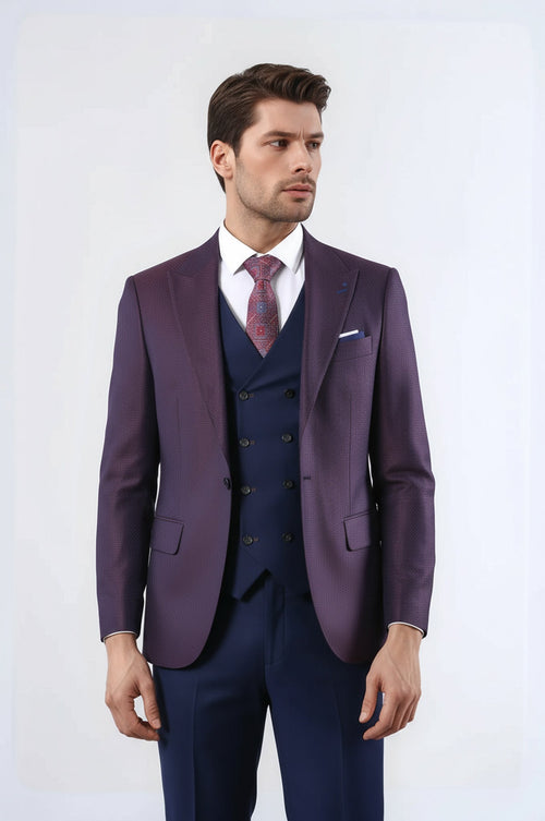 Burgundy Jacket Combined Navy Blue Suit - Wessi