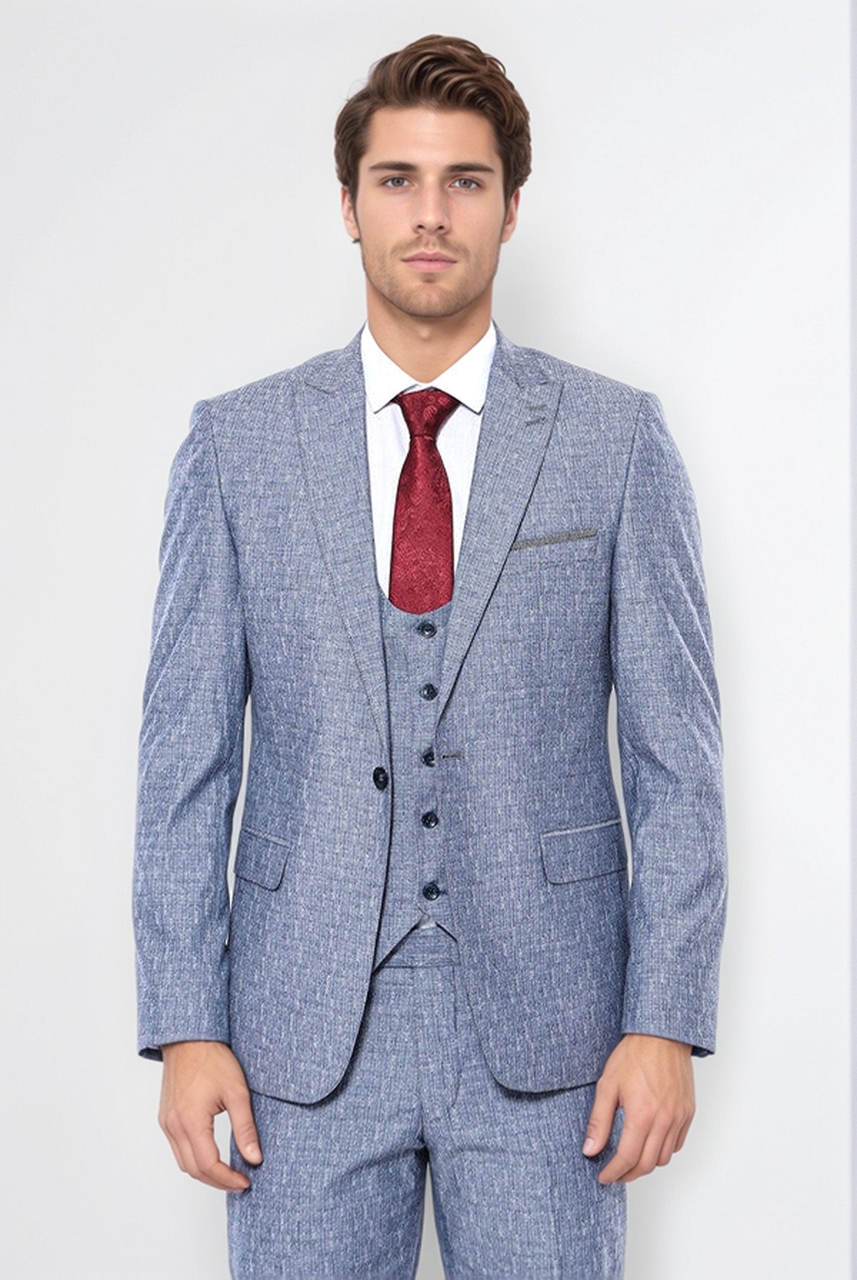 Linen Touch Blue Men's 3 Piece Suit - Wessi