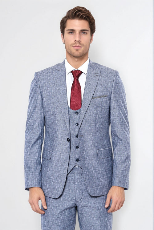 Linen Touch Blue Men's 3 Piece Suit - Wessi