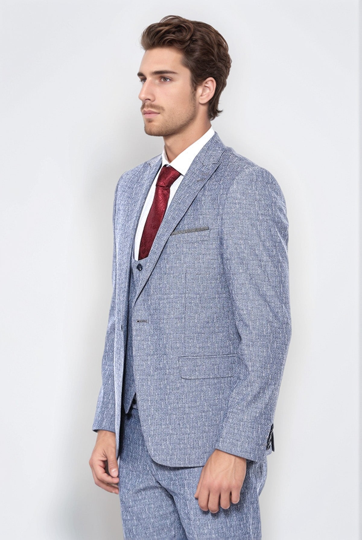 Linen Touch Blue Men's 3 Piece Suit - Wessi