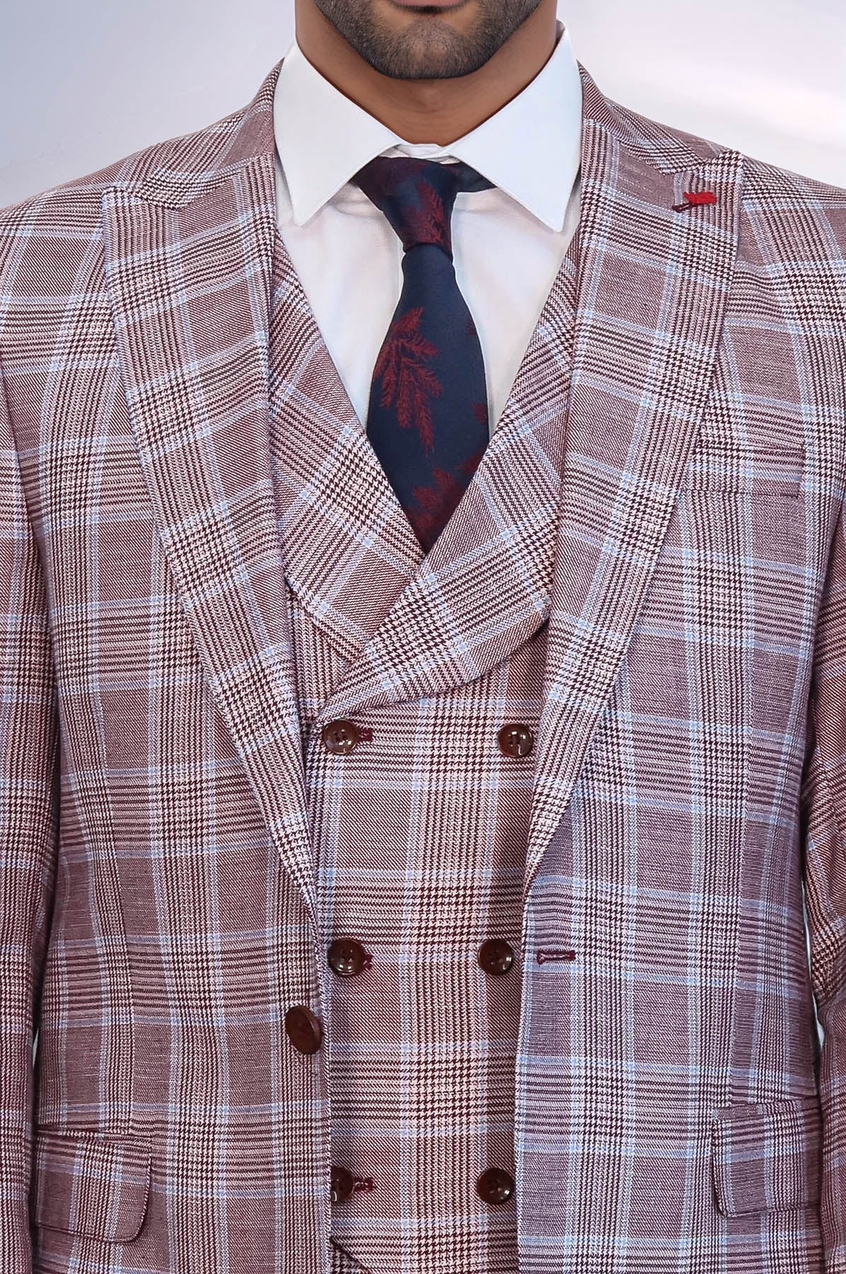 Burgundy Plaid Vested Slim Fit Italian Suit - Wessi