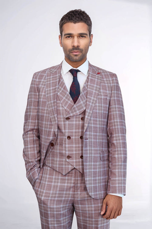 Burgundy Plaid Vested Slim Fit Italian Suit - Wessi