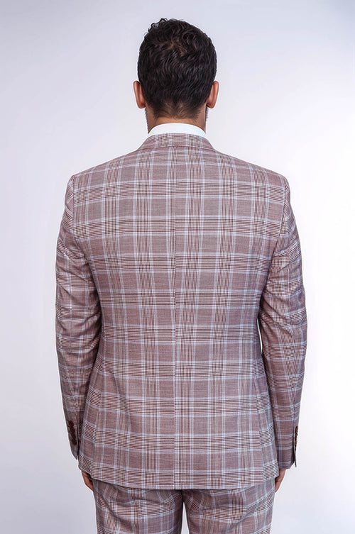 Burgundy Plaid Vested Slim Fit Italian Suit - Wessi
