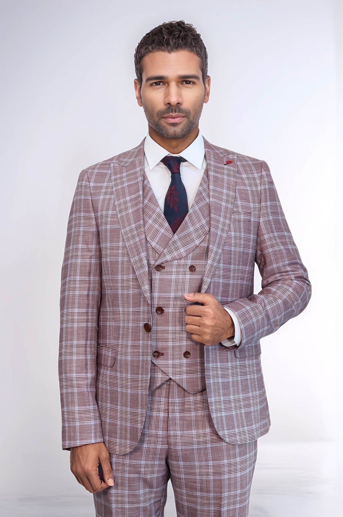 Burgundy Plaid Vested Slim Fit Italian Suit - Wessi