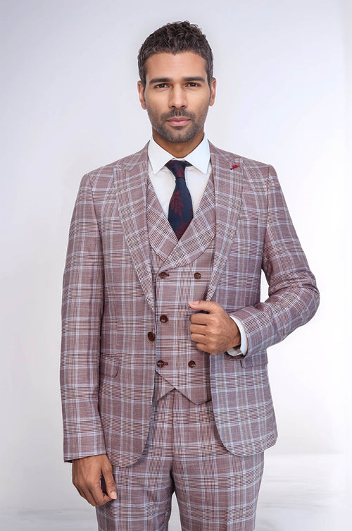 Burgundy Plaid Vested Slim Fit Italian Suit - Wessi