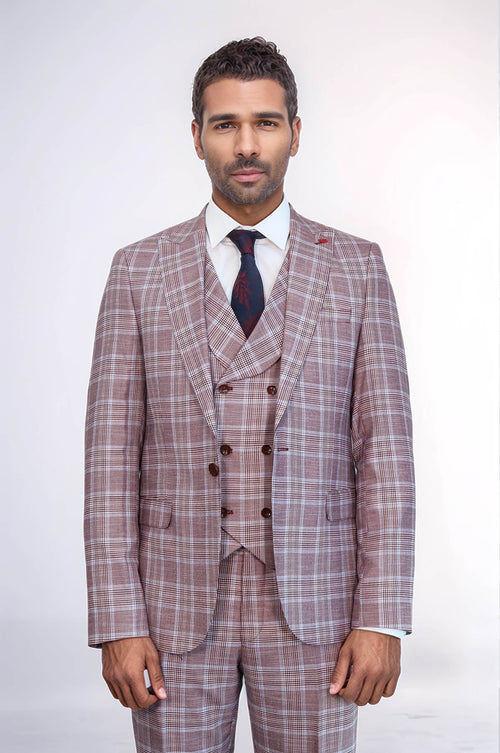 Burgundy Plaid Vested Slim Fit Italian Suit - Wessi