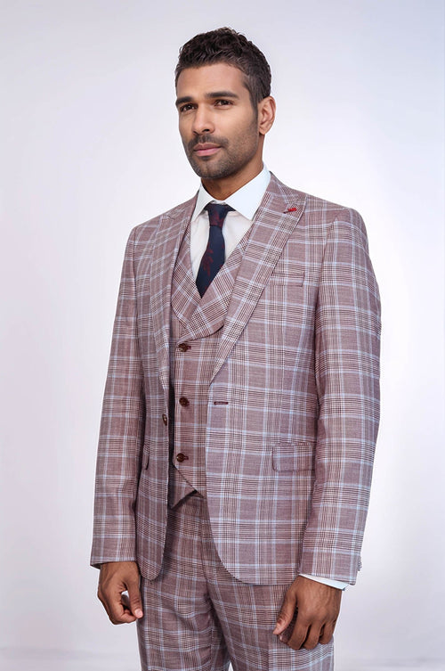 Burgundy Plaid Vested Slim Fit Italian Suit - Wessi