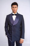 Satin Shawl Collar Patterned Double Breasted Navy Blue Men Tuxedo Suit - Wessi