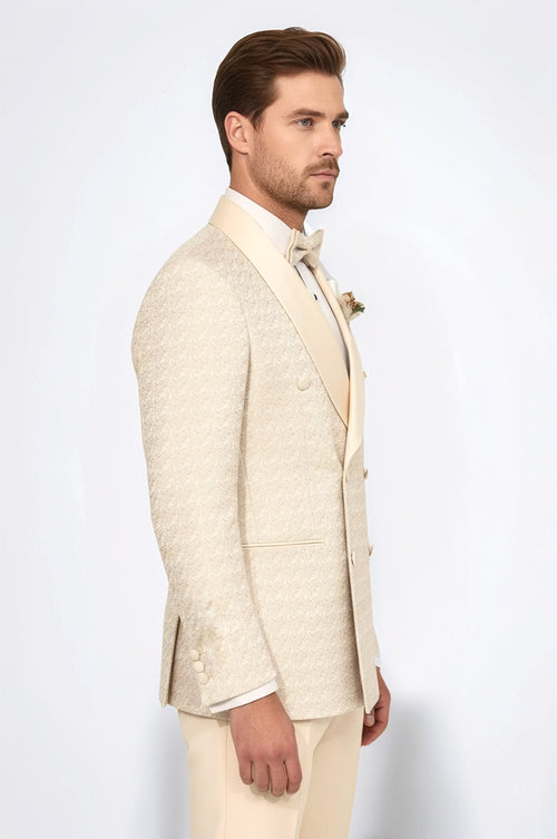 Satin Shawl Collar Patterned Double Breasted  Champagne Men Tuxedo Suit - Wessi