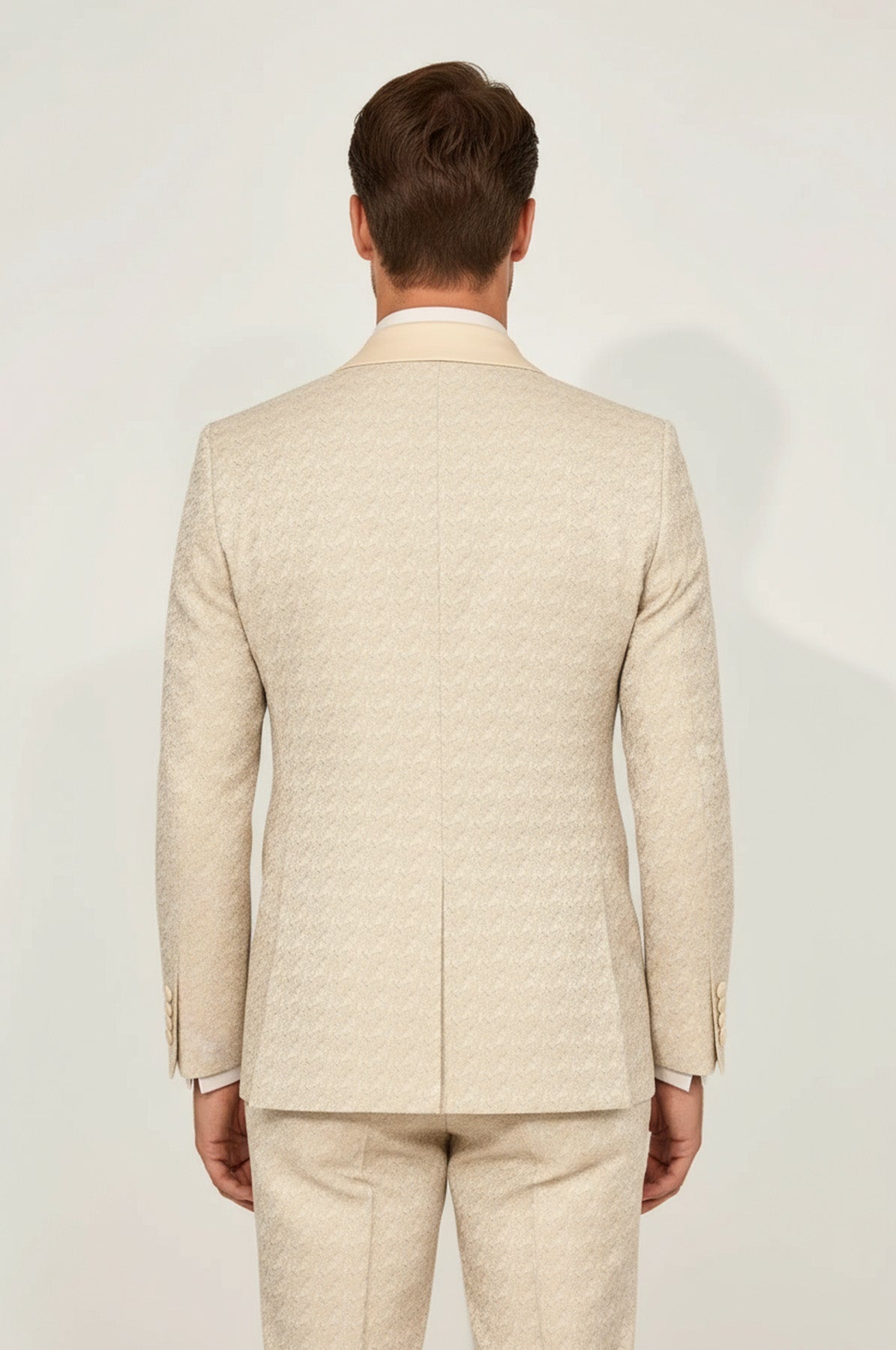 Satin Shawl Collar Patterned Double Breasted  Champagne Men Tuxedo Suit - Wessi
