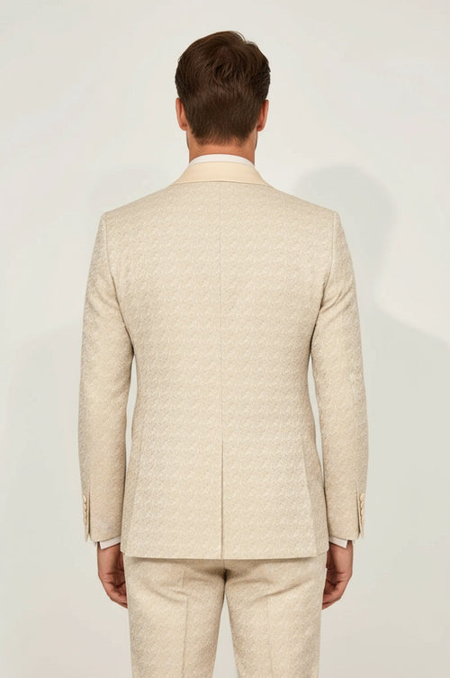 Satin Shawl Collar Patterned Double Breasted  Champagne Men Tuxedo Suit - Wessi