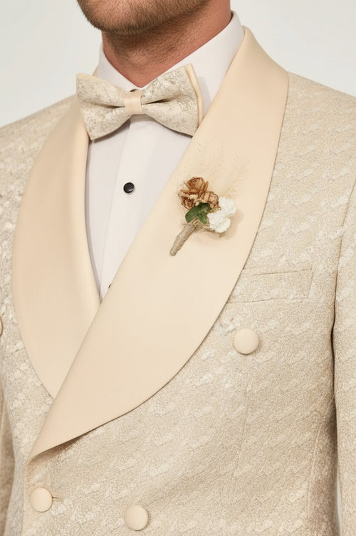 Satin Shawl Collar Patterned Double Breasted  Champagne Men Tuxedo Suit - Wessi
