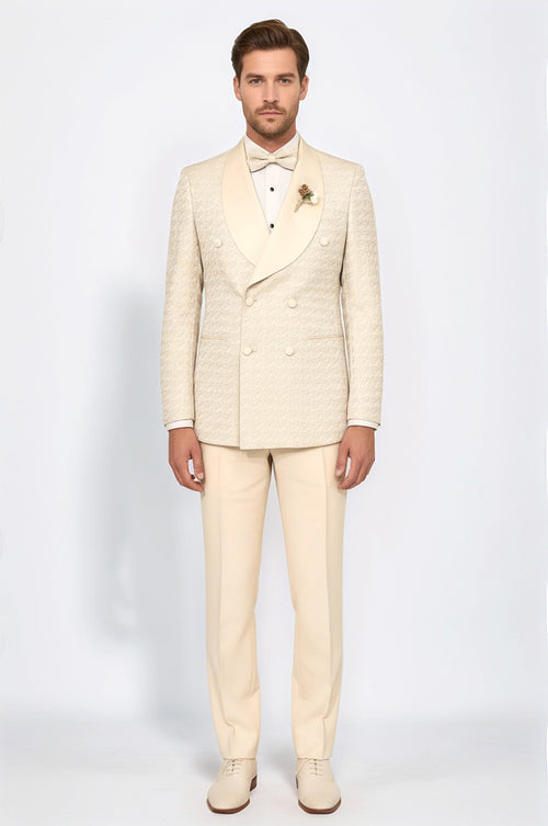 Satin Shawl Collar Patterned Double Breasted  Champagne Men Tuxedo Suit - Wessi
