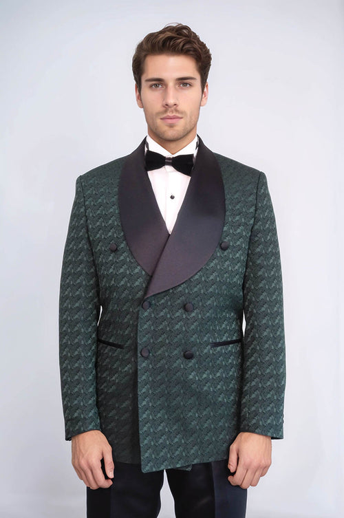 Satin Shawl Collar Patterned Double Breasted Dark Green Men Tuxedo Suit - Wessi