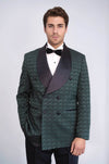 Satin Shawl Collar Patterned Double Breasted Dark Green Men Tuxedo Suit - Wessi