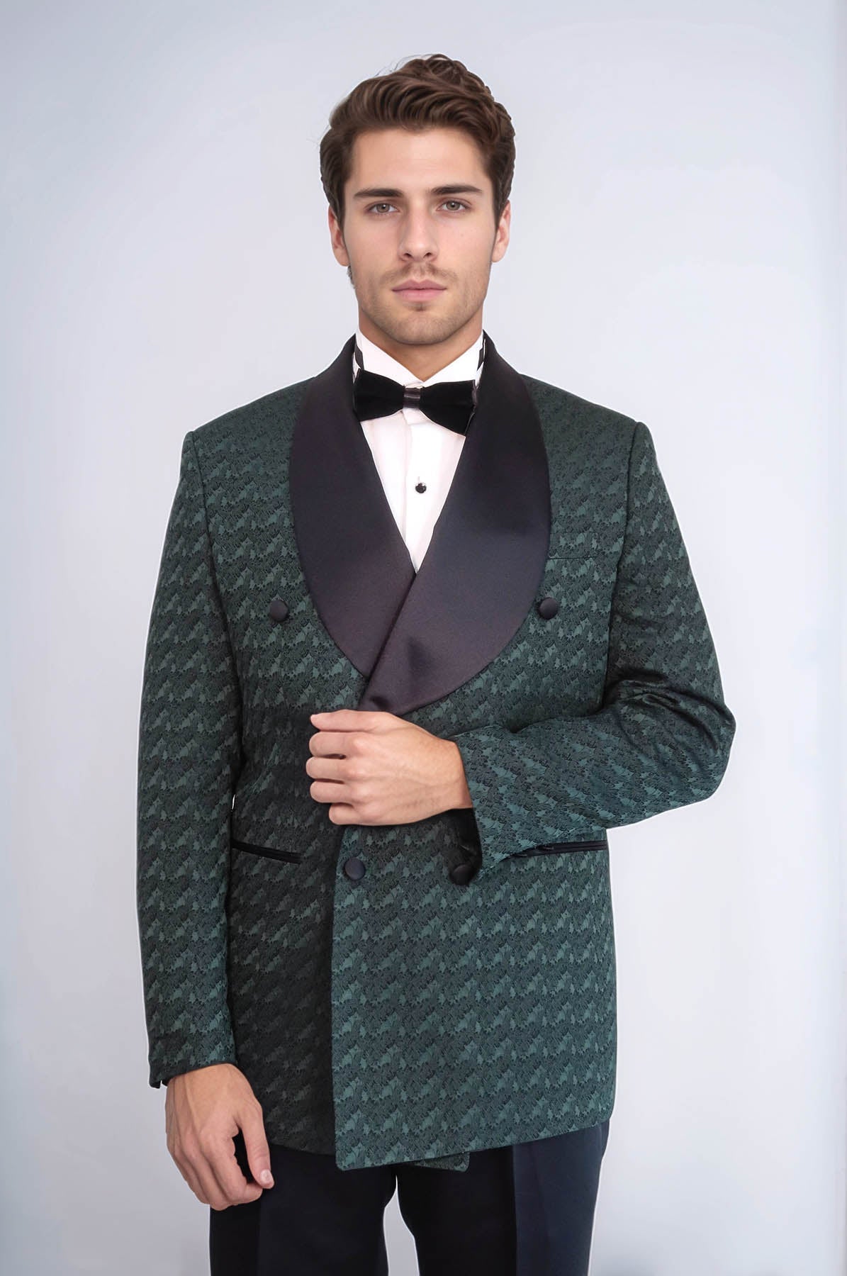 Satin Shawl Collar Patterned Double Breasted Dark Green Men Tuxedo Suit - Wessi