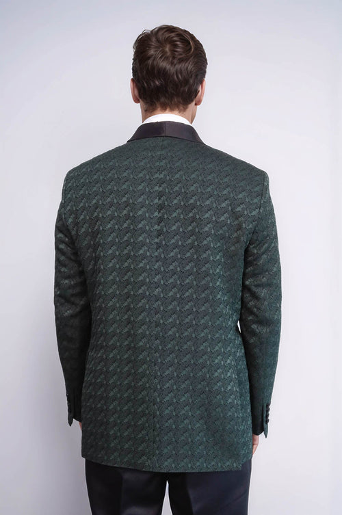 Satin Shawl Collar Patterned Double Breasted Dark Green Men Tuxedo Suit - Wessi