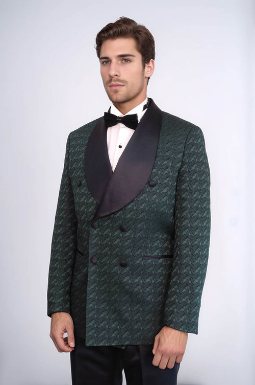 Satin Shawl Collar Patterned Double Breasted Dark Green Men Tuxedo Suit - Wessi