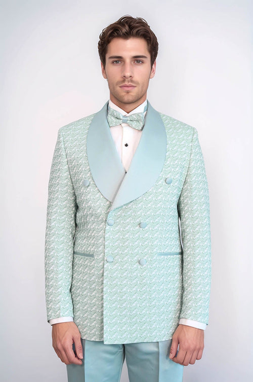 Satin Shawl Collar Patterned Double Breasted Sage Green Men Tuxedo Suit - Wessi