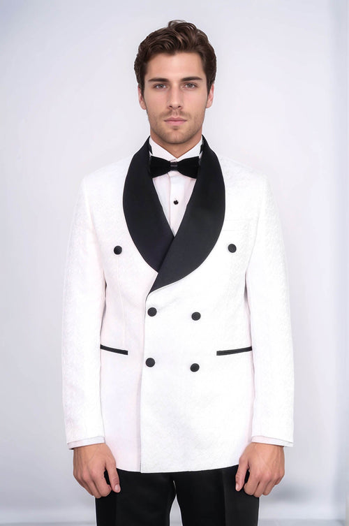 Satin Shawl Collar Patterned Double Breasted White Men Tuxedo Suit - Wessi