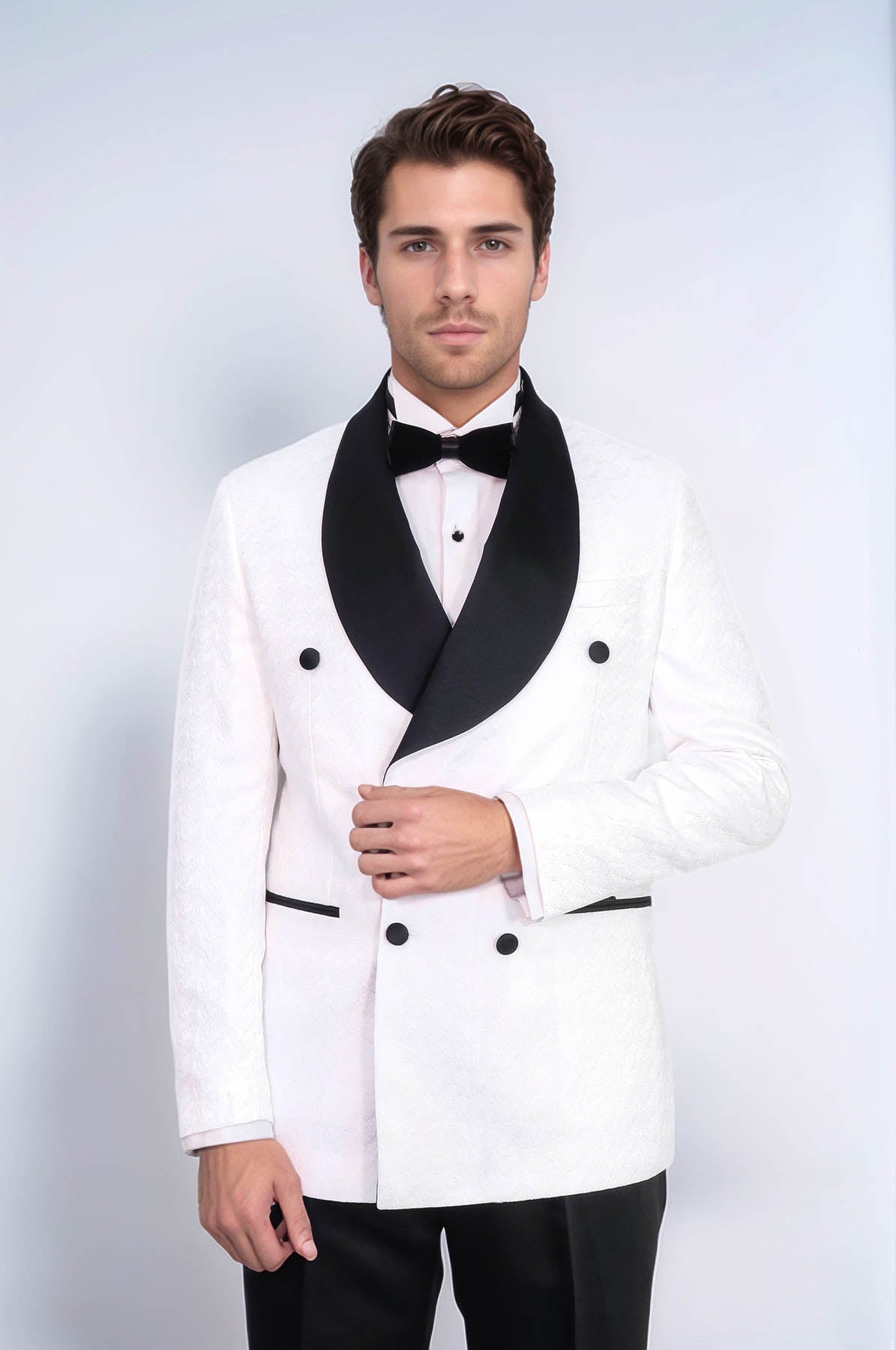 Satin Shawl Collar Patterned Double Breasted White Men Tuxedo Suit - Wessi