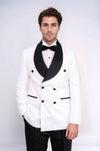 Satin Shawl Collar Patterned Double Breasted White Men Tuxedo Suit - Wessi