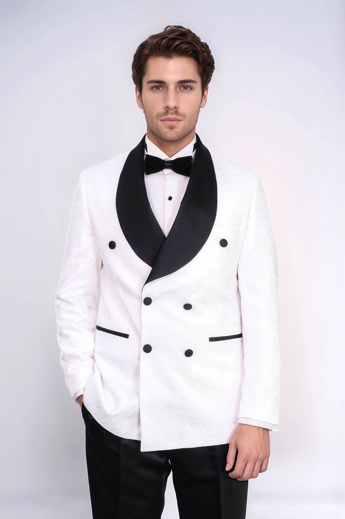 Satin Shawl Collar Patterned Double Breasted White Men Tuxedo Suit - Wessi
