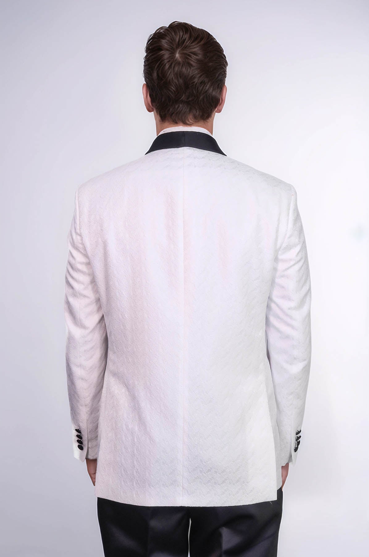 Satin Shawl Collar Patterned Double Breasted White Men Tuxedo Suit - Wessi