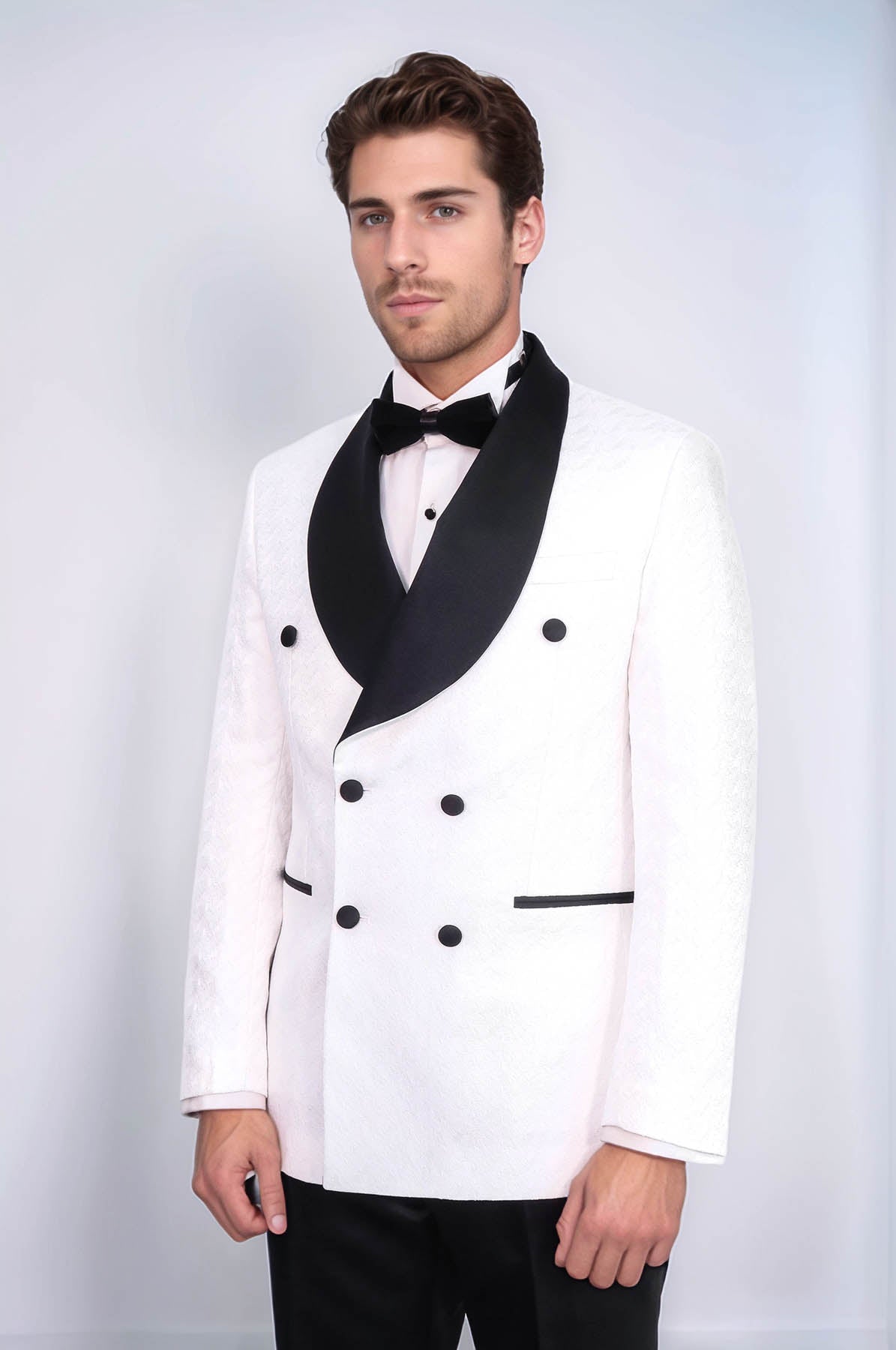 Satin Shawl Collar Patterned Double Breasted White Men Tuxedo Suit - Wessi