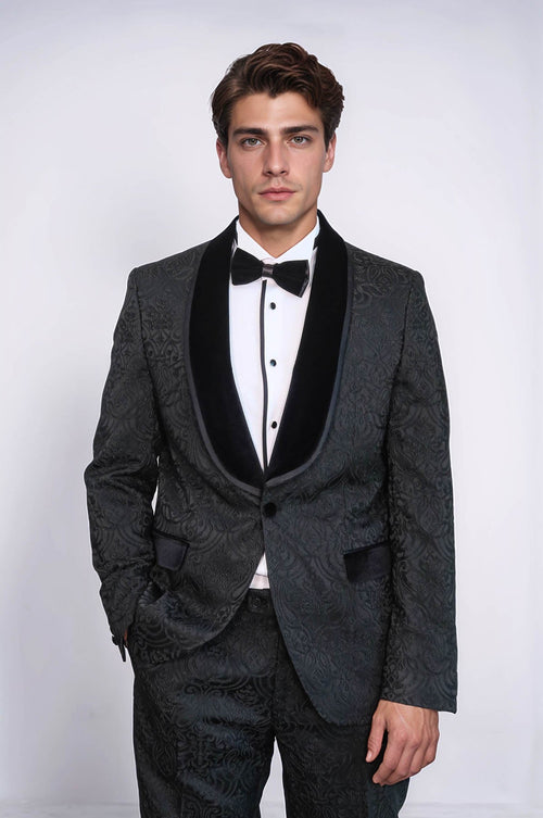 2 Piece Damask Patterned Velvet Shawl Collar Black Men's Tuxedo Suit - Wessi
