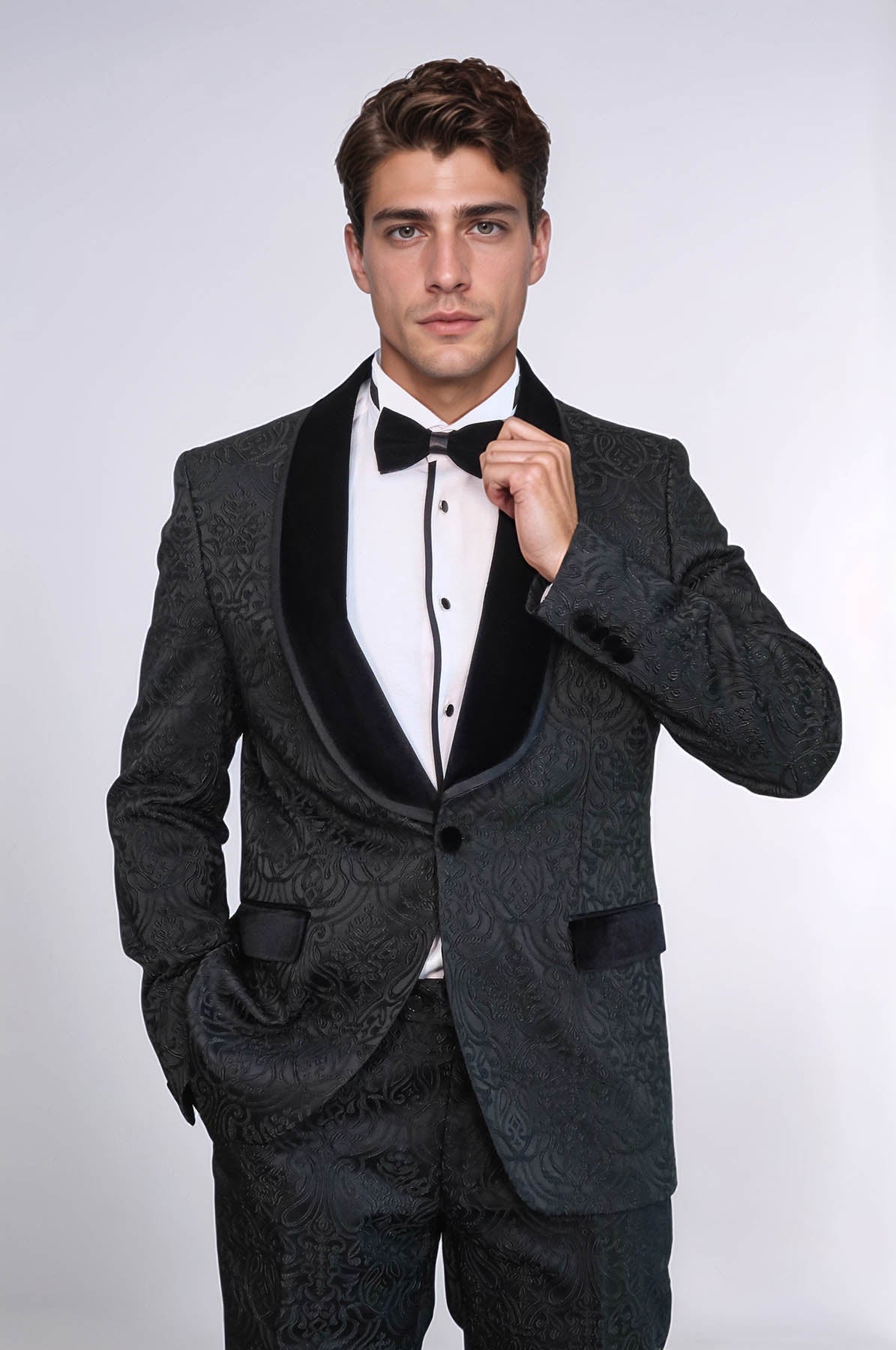 2 Piece Damask Patterned Velvet Shawl Collar Black Men's Tuxedo Suit - Wessi