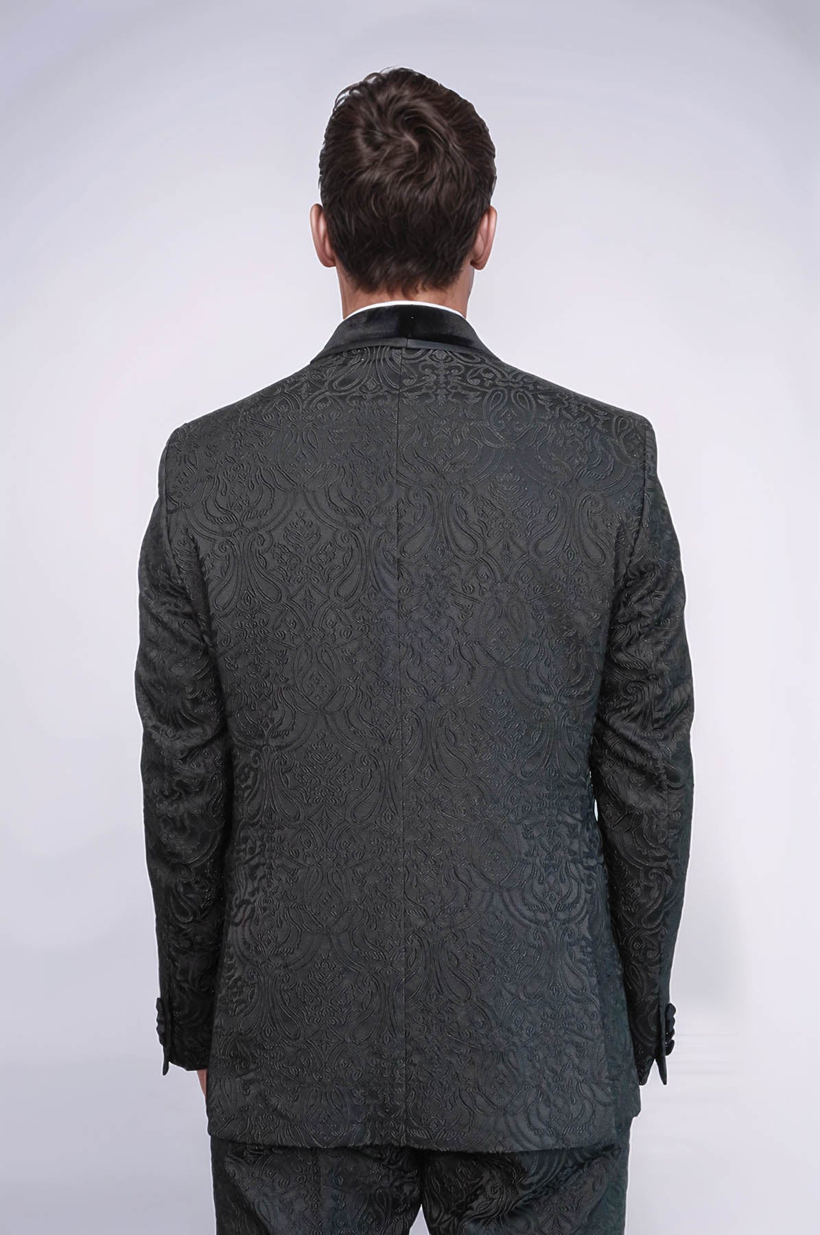 2 Piece Damask Patterned Velvet Shawl Collar Black Men's Tuxedo Suit - Wessi