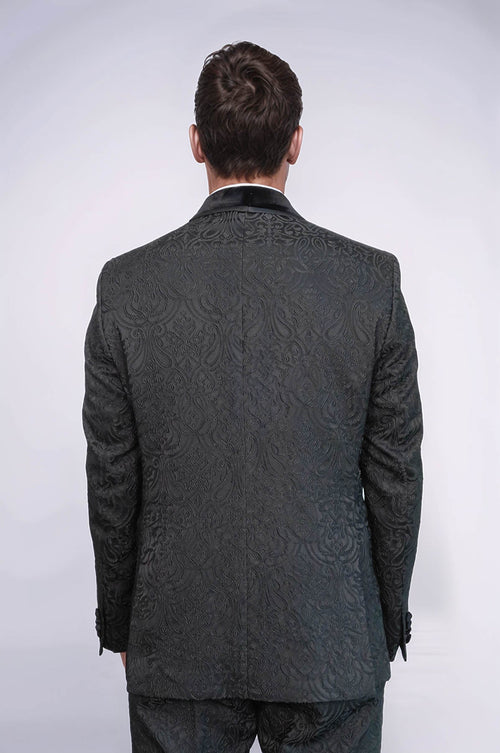 2 Piece Damask Patterned Velvet Shawl Collar Black Men's Tuxedo Suit - Wessi