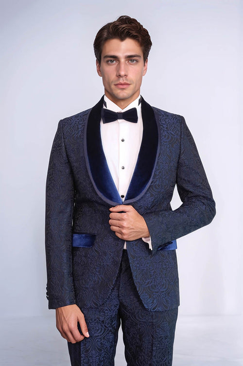 2 Piece Damask Patterned Velvet Shawl Collar Royal Blue Men's Tuxedo Suit - Wessi