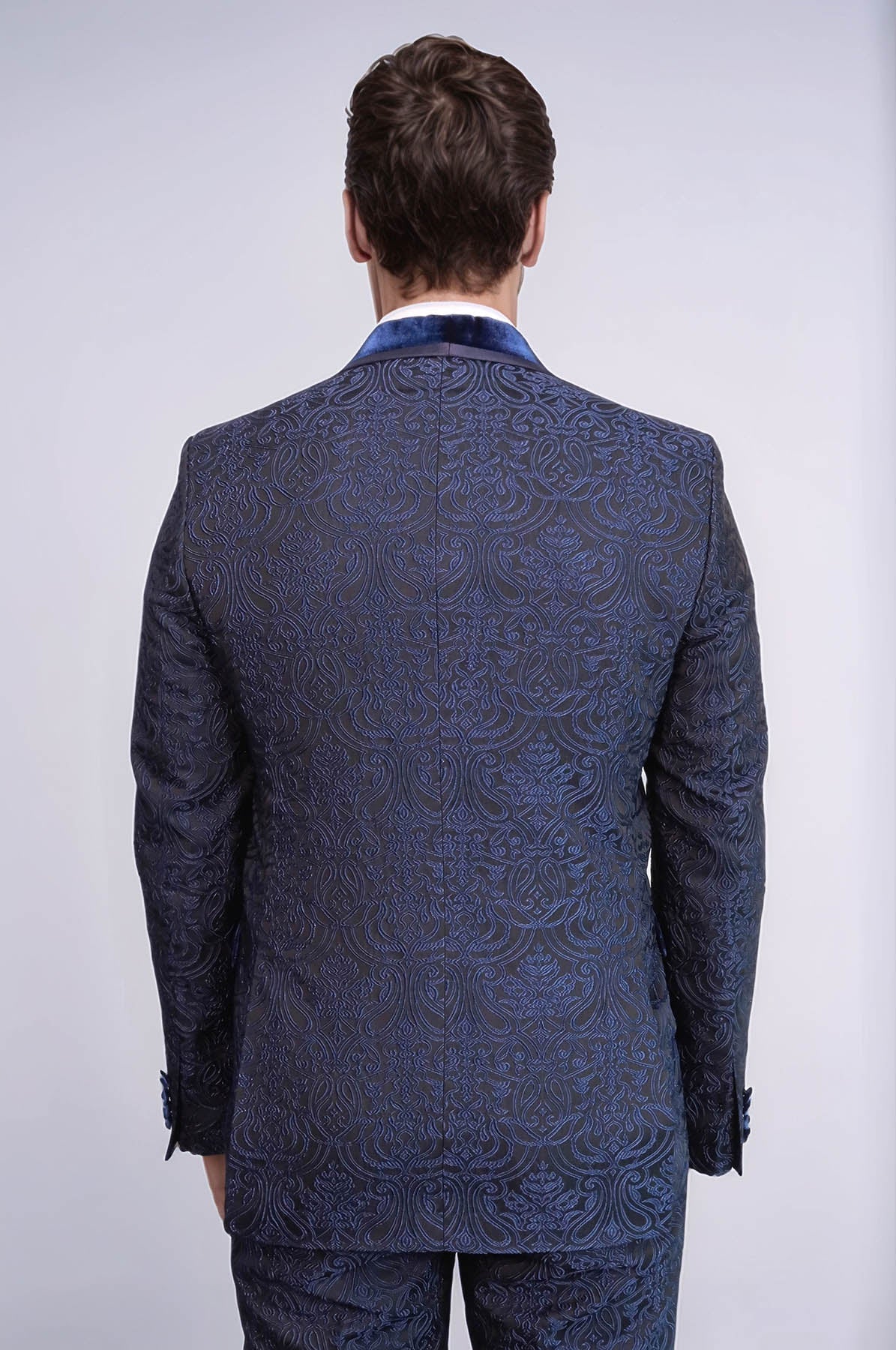 2 Piece Damask Patterned Velvet Shawl Collar Royal Blue Men's Tuxedo Suit - Wessi