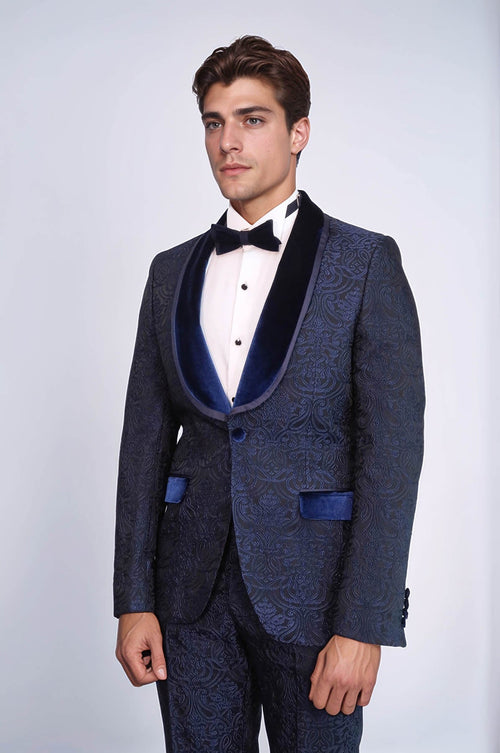 2 Piece Damask Patterned Velvet Shawl Collar Royal Blue Men's Tuxedo Suit - Wessi