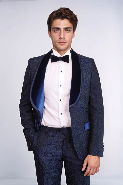 2 Piece Damask Patterned Velvet Shawl Collar Royal Blue Men's Tuxedo Suit - Wessi