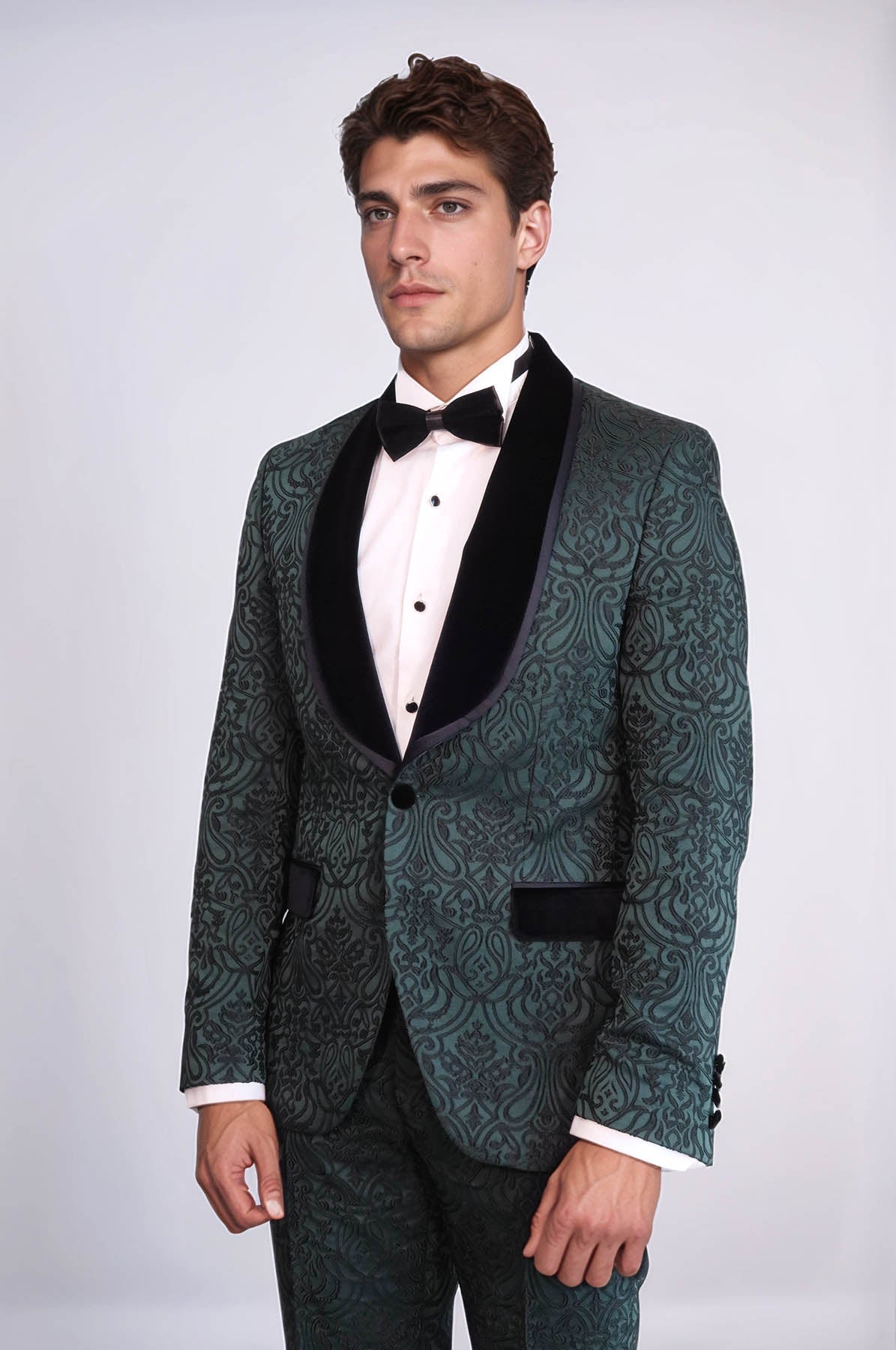 2 Piece Damask Patterned Velvet Shawl Collar Emerald Green Men's Tuxedo Suit - Wessi