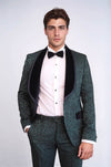 2 Piece Damask Patterned Velvet Shawl Collar Emerald Green Men's Tuxedo Suit - Wessi