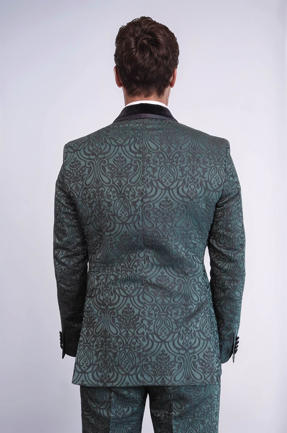 2 Piece Damask Patterned Velvet Shawl Collar Emerald Green Men's Tuxedo Suit - Wessi