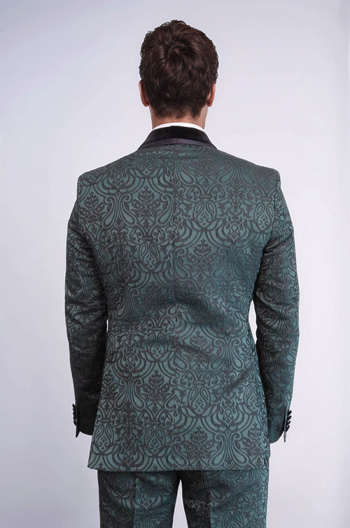 2 Piece Damask Patterned Velvet Shawl Collar Emerald Green Men's Tuxedo Suit - Wessi